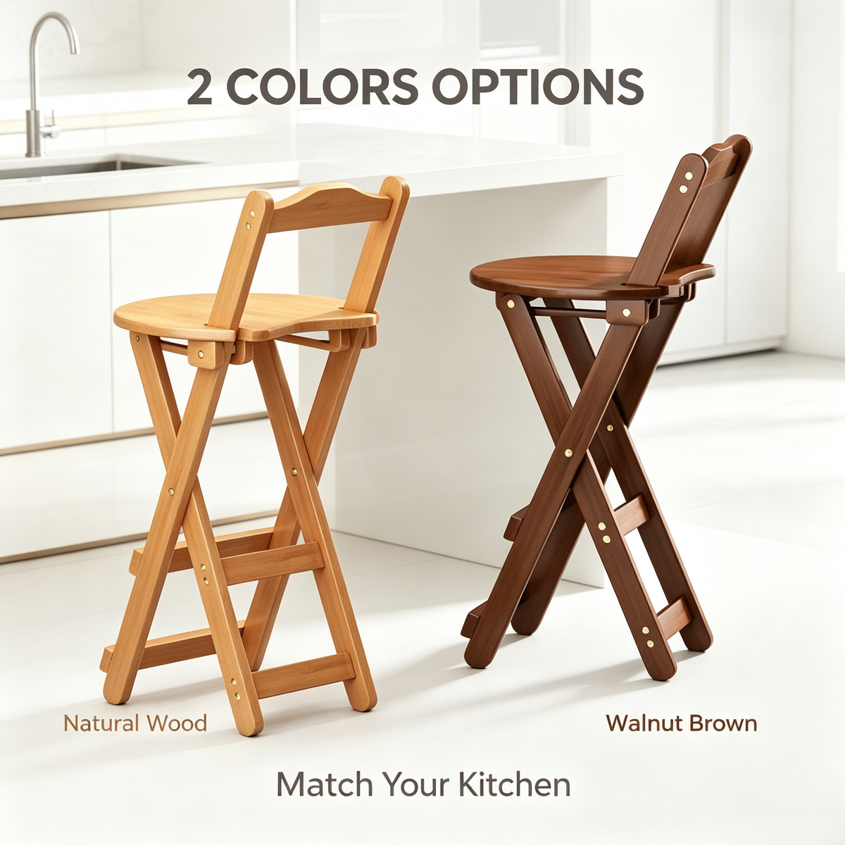Foldable Wooden Bar Stool with Backrest, Counter Height Folding Chair