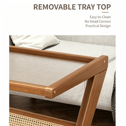 Wooden Rattan Side Table with Removable Glass Tray Top